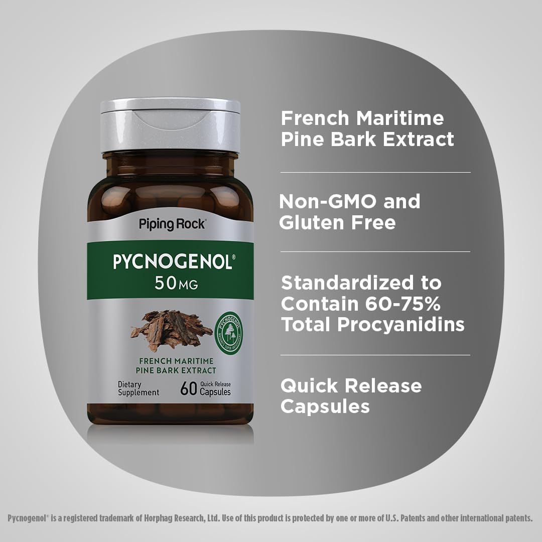 Piping Rock Pycnogenol bottle nutrition facts panel shows 50 mg per serving.