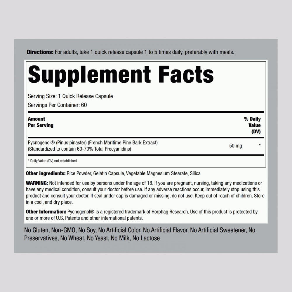 Piping Rock Pycnogenol capsules close-up showing quick-release form for daily use.