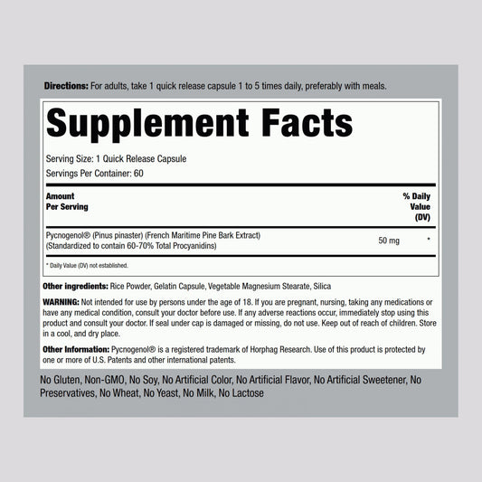 Piping Rock Pycnogenol capsules close-up showing quick-release form for daily use.