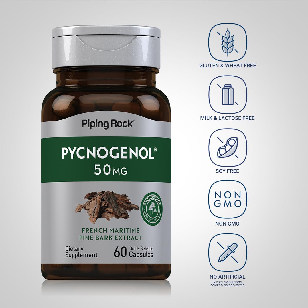 Packaging label close view of Piping Rock Pycnogenol highlighting non-GMO and gluten-free notes.