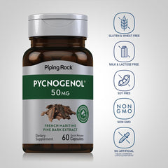Packaging label close view of Piping Rock Pycnogenol highlighting non-GMO and gluten-free notes.