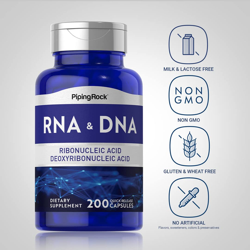 Piping Rock RNA DNA supplement label clearly notes non-GMO and gluten-free.