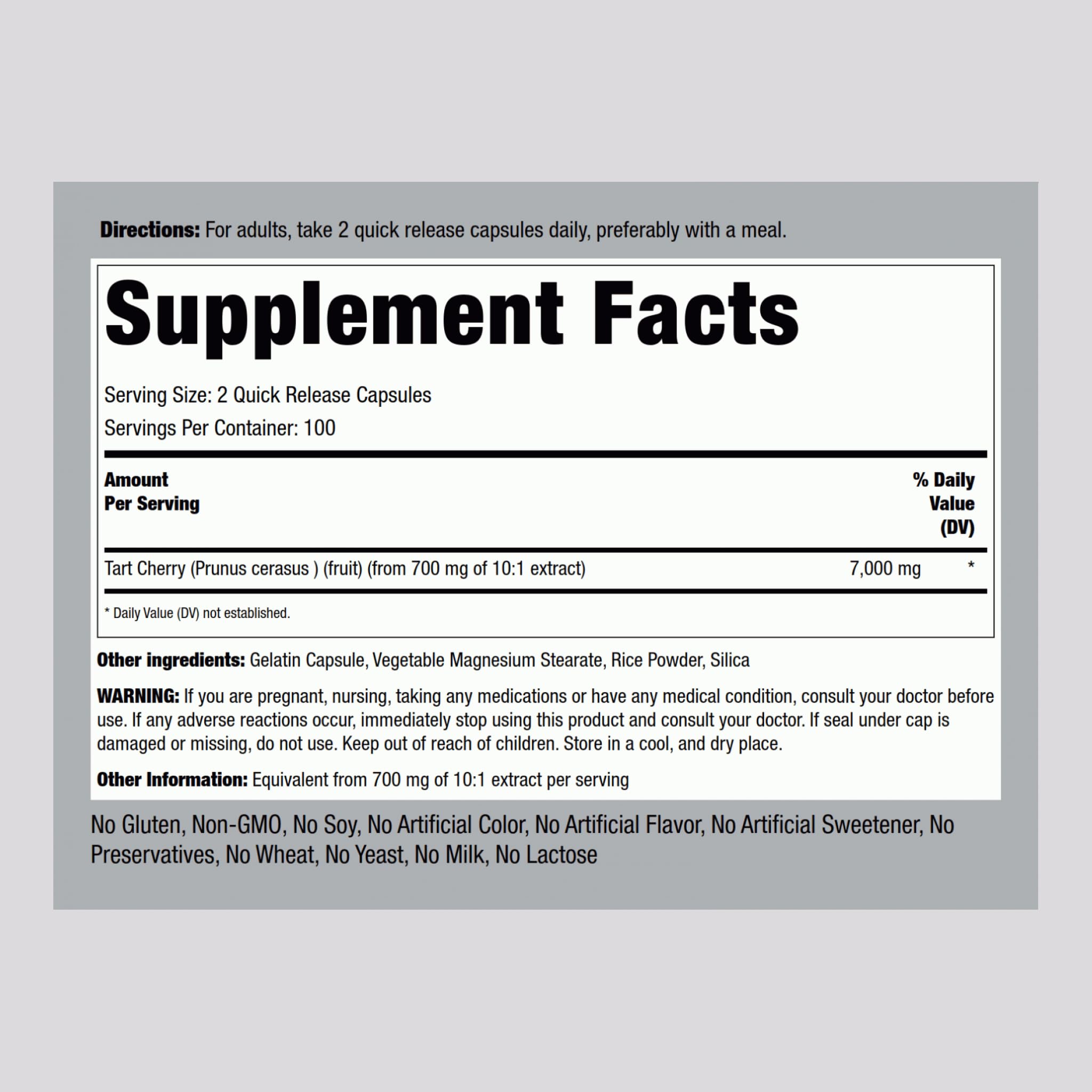 Close up of Piping Rock Tart Cherry Extract capsules for easy daily use.