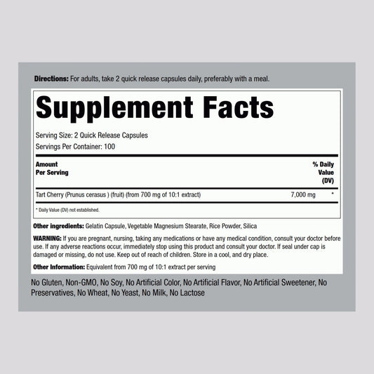 Close up of Piping Rock Tart Cherry Extract capsules for easy daily use.