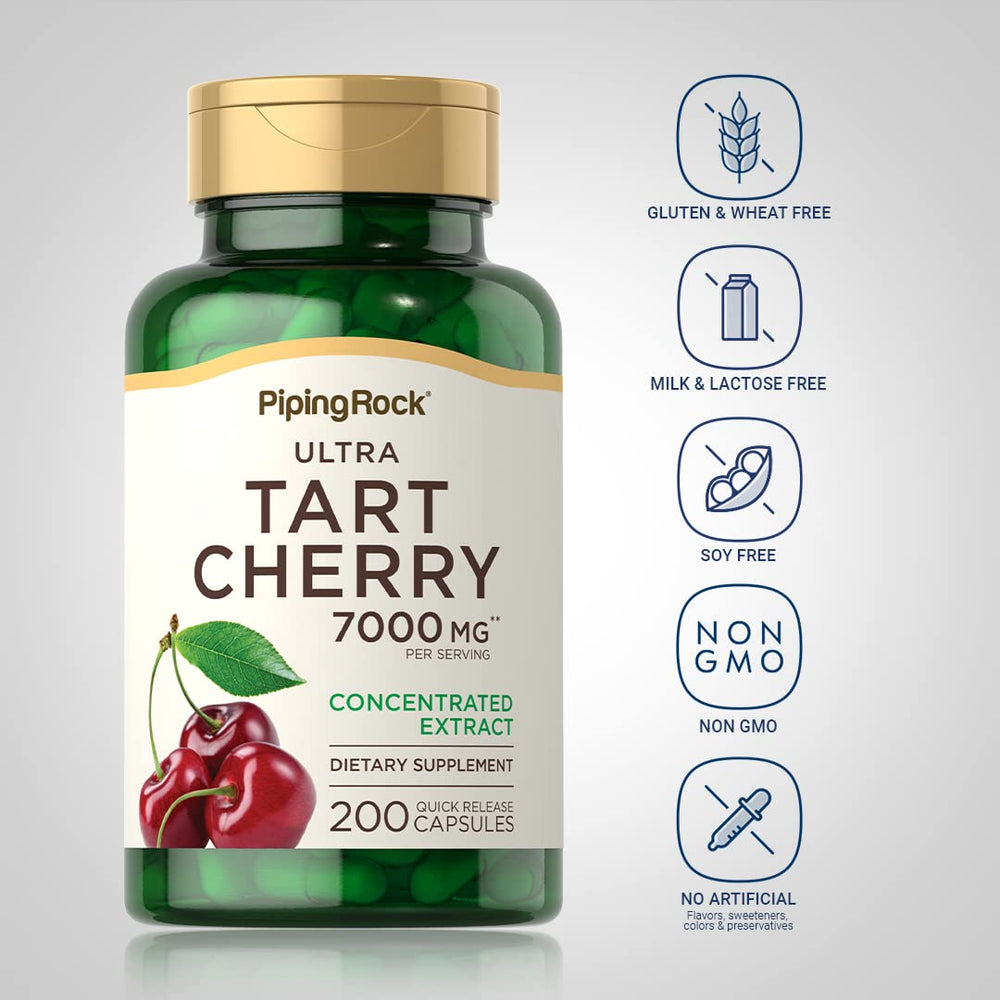 Piping Rock Tart Cherry Extract label highlights non GMO and gluten free traits.