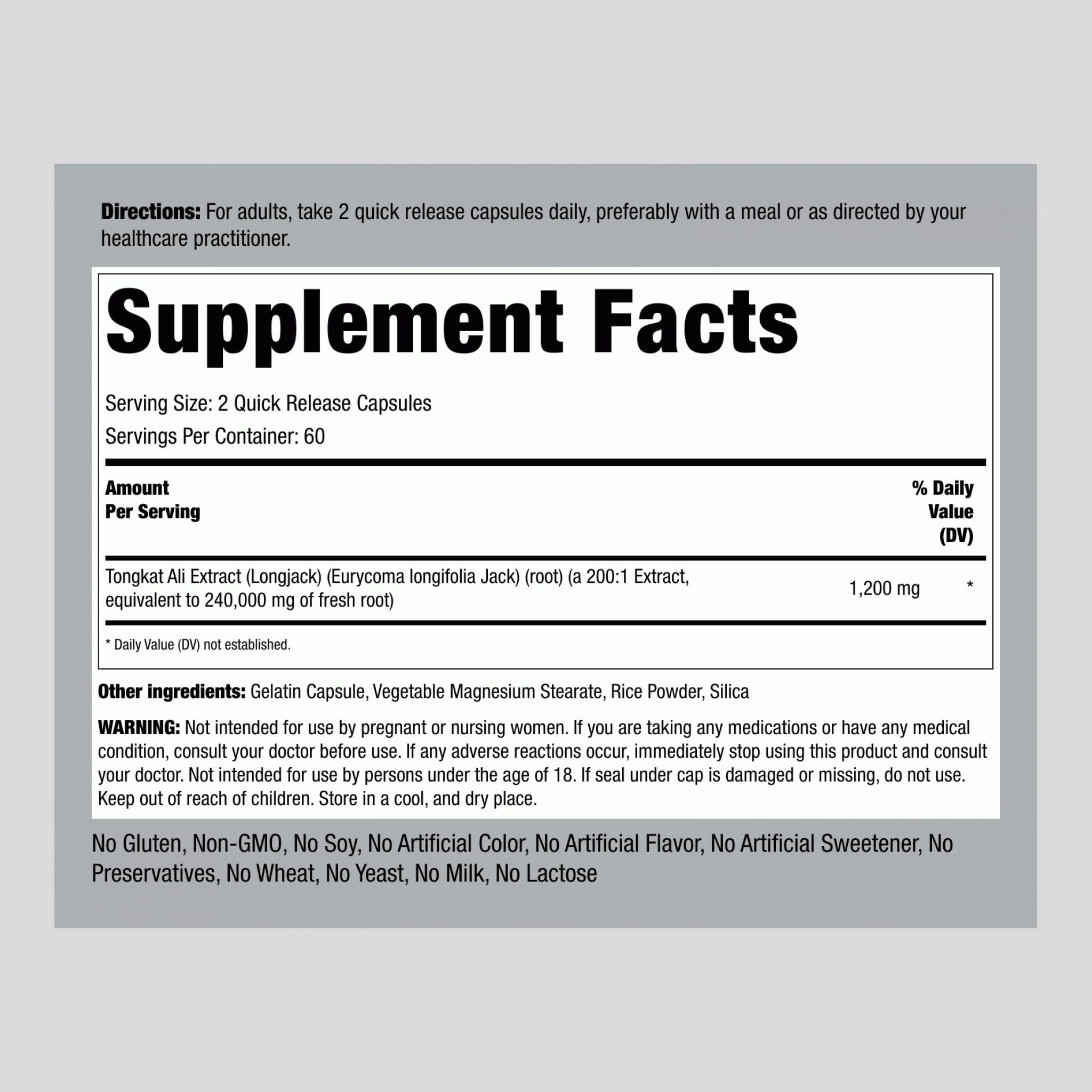 Piping Rock Tongkat Ali capsules close-up highlighting easy-to-swallow capsules