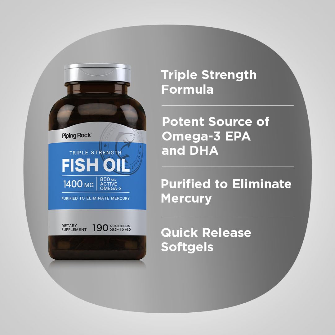 Piping Rock triple-strength omega-3 softgels in bottle.