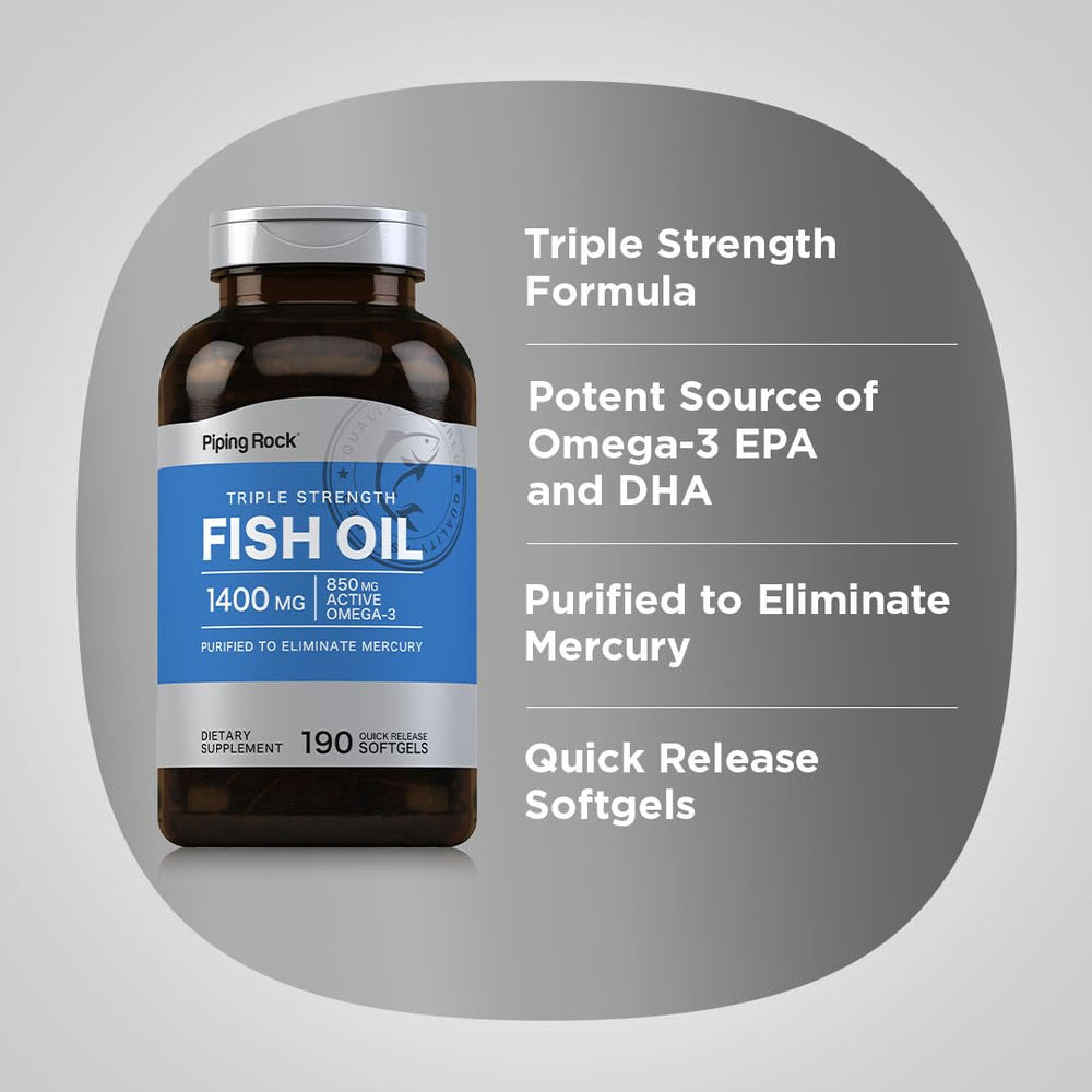Piping Rock triple-strength omega-3 softgels in bottle.