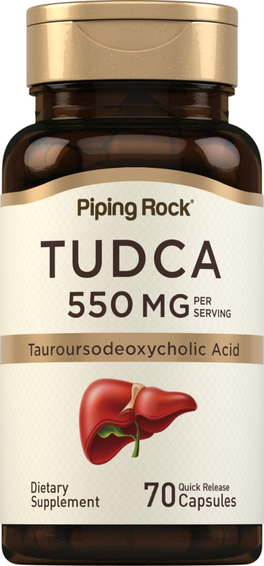 Piping Rock Tudca supplement bottle close-up for daily wellness support.
