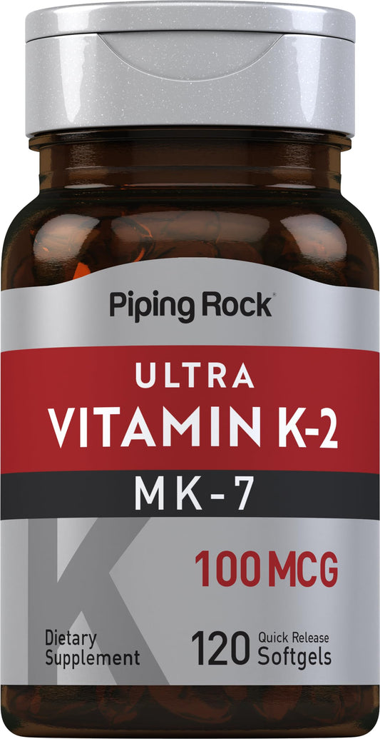 Piping Rock Vitamin K2 MK7 softgels bottle for daily supplementation.