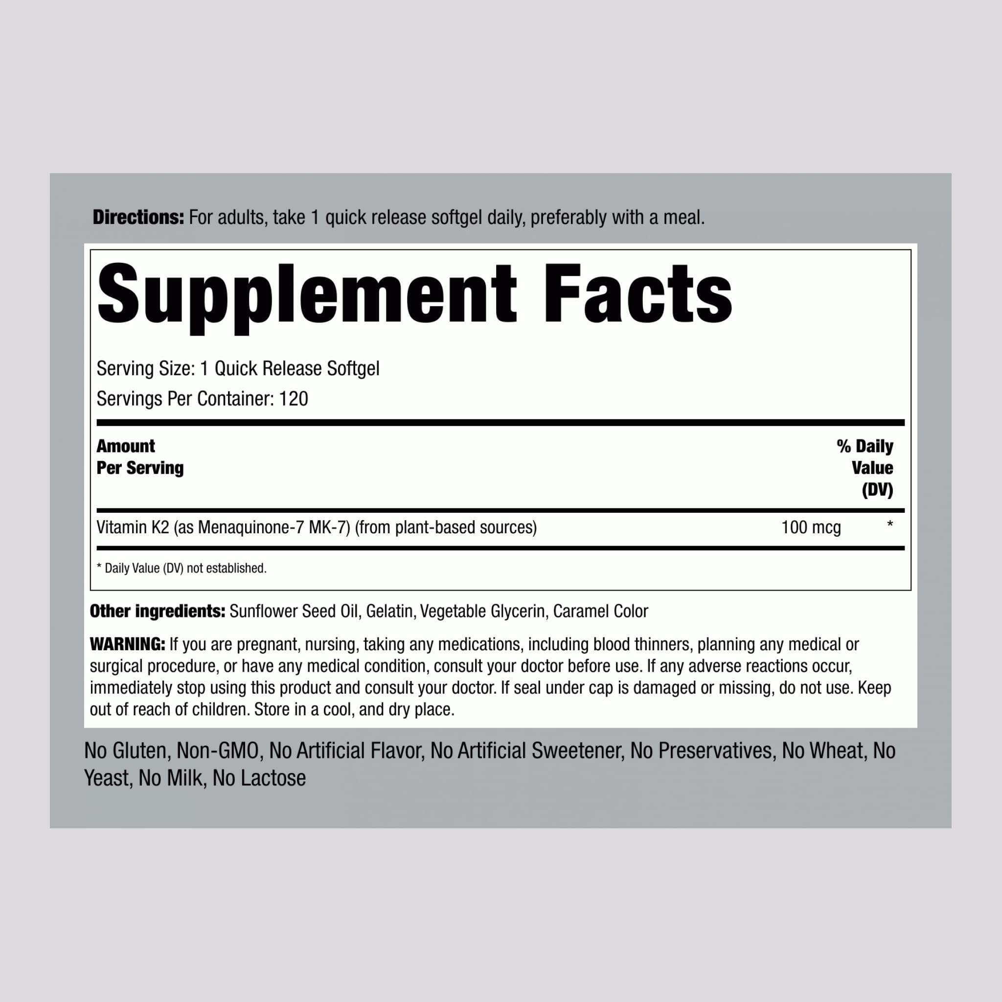 Piping Rock Vitamin K2 MK7 softgels on shelf highlighting Non-GMO and gluten-free features.