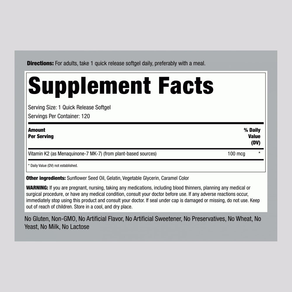 Piping Rock Vitamin K2 MK7 softgels on shelf highlighting Non-GMO and gluten-free features.