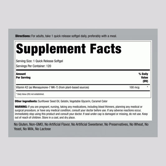 Piping Rock Vitamin K2 MK7 softgels on shelf highlighting Non-GMO and gluten-free features.