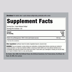 Piping Rock Vitamin K2 MK7 softgels on shelf highlighting Non-GMO and gluten-free features.
