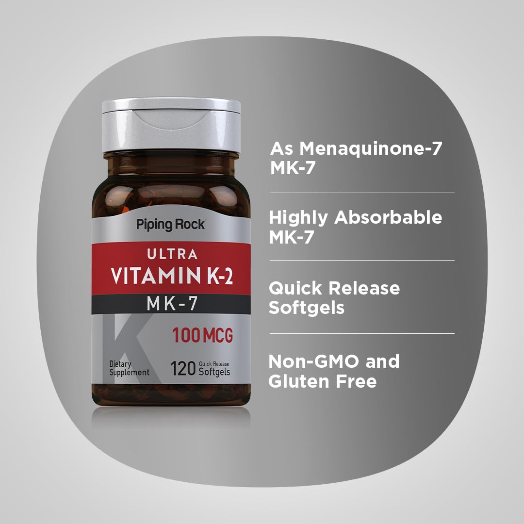 Piping Rock Vitamin K2 MK7 softgels pouring into hand for daily use.