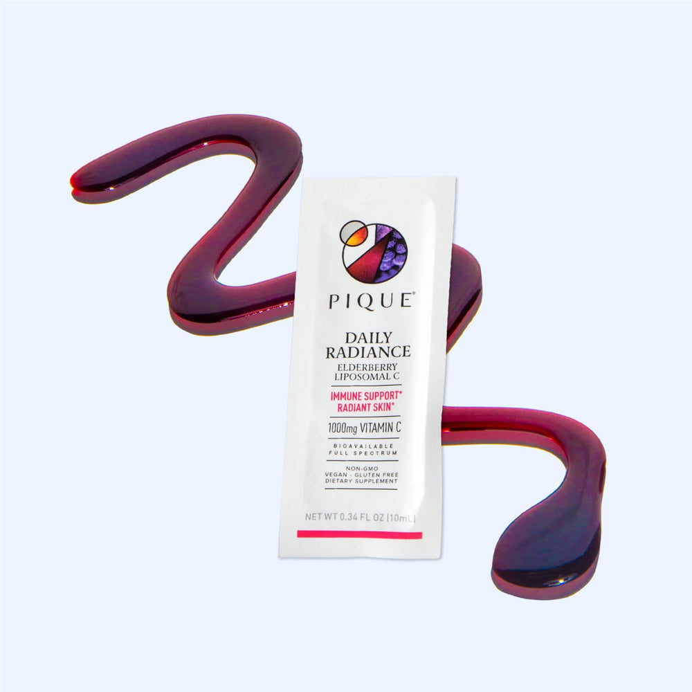 PIQUE 10 mL serving packet emphasizes on-the-go wellness with vitamin C and elderberry.