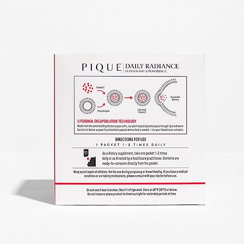 PIQUE Daily Radiance elderberry juice packet showcases convenient immune-friendly daily ritual.