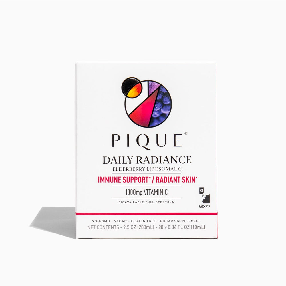 PIQUE Daily Radiance liposomal Vitamin C bottle highlights advanced absorption and elderberry blend.