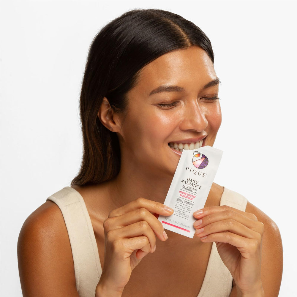 PIQUE vegan non-GMO packaging communicates clean, plant-based formulation.