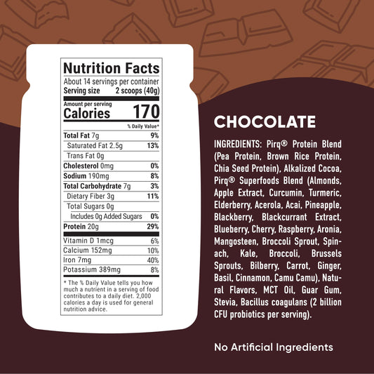 Pirq chocolate protein powder being poured for a quick protein boost.