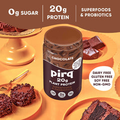 Pirq chocolate protein shake in a glass with scoop, ideal post-workout fuel.