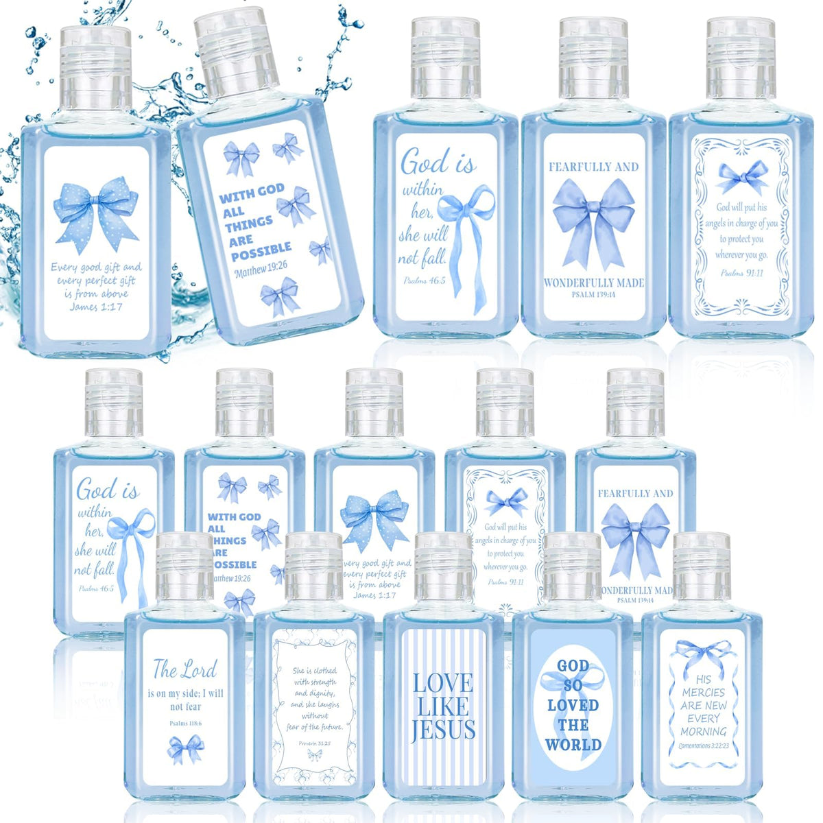 Piuaeue blue bow hand sanitizer with Bible verse for everyday calm and cleanliness.