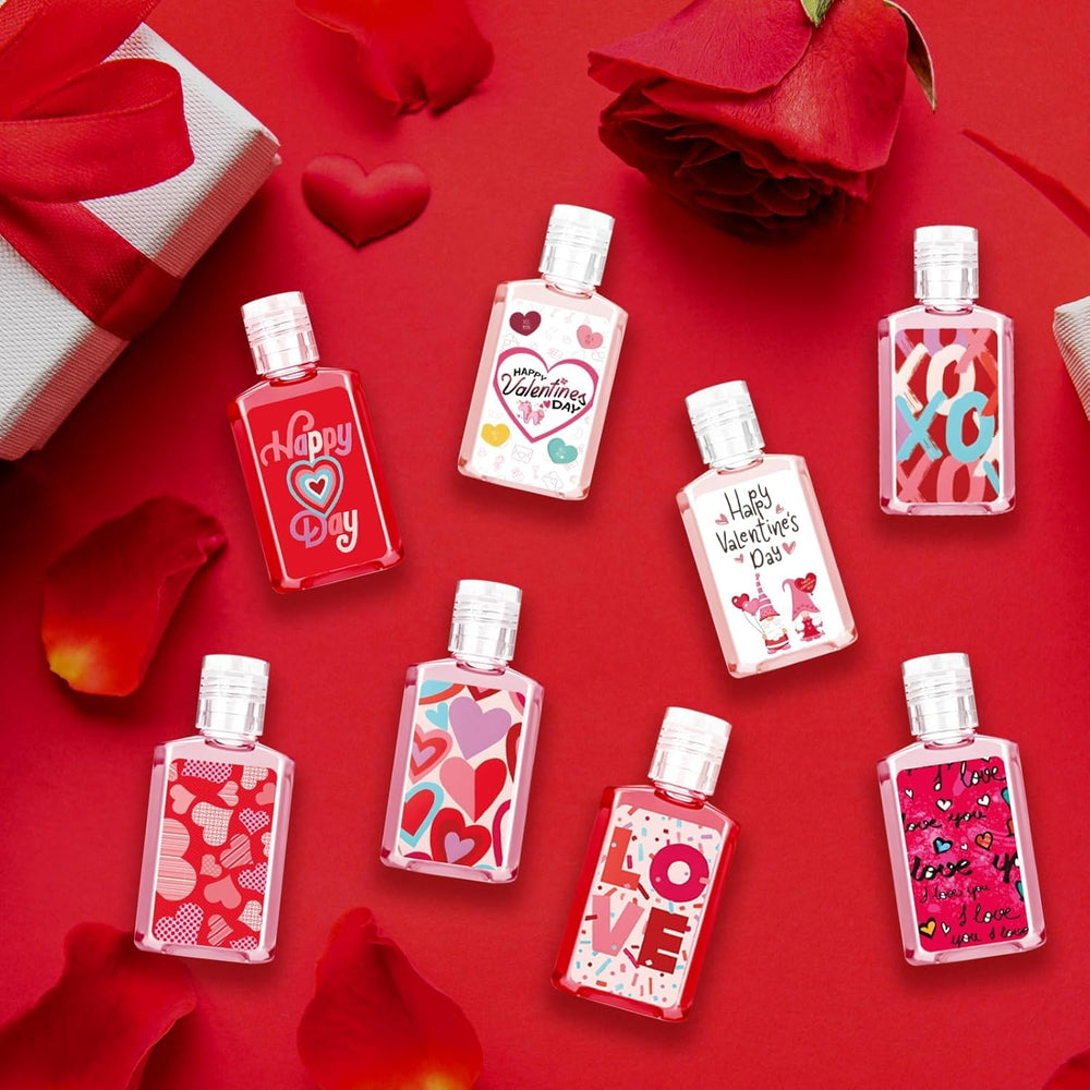Piuaeue Valentines bulk 50-pack hand sanitizers arranged as party favors