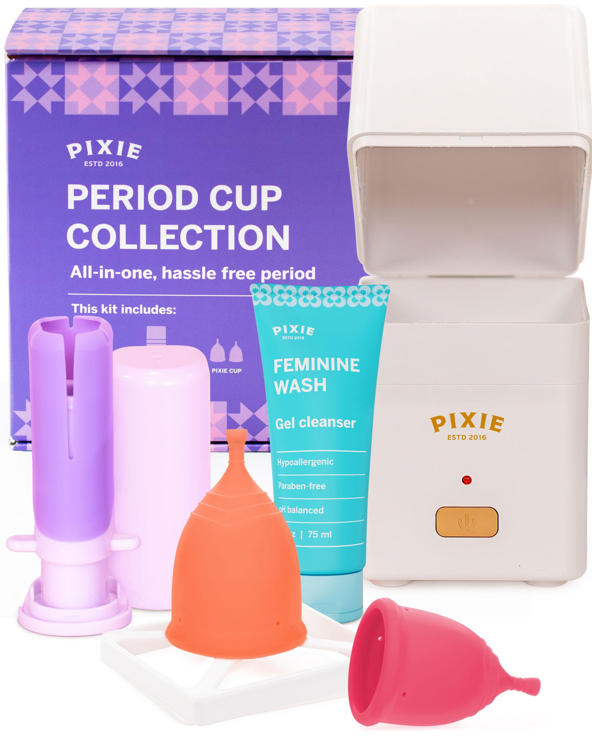 Pixie Cup collection front view with reusable cups and accessories