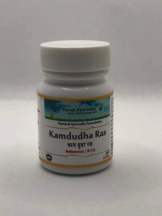 Planet Ayurveda Kamdudha Ras bottle showcases cooling potency for digestive comfort and overall balance.