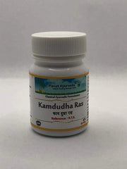 Planet Ayurveda Kamdudha Ras bottle showcases cooling potency for digestive comfort and overall balance.