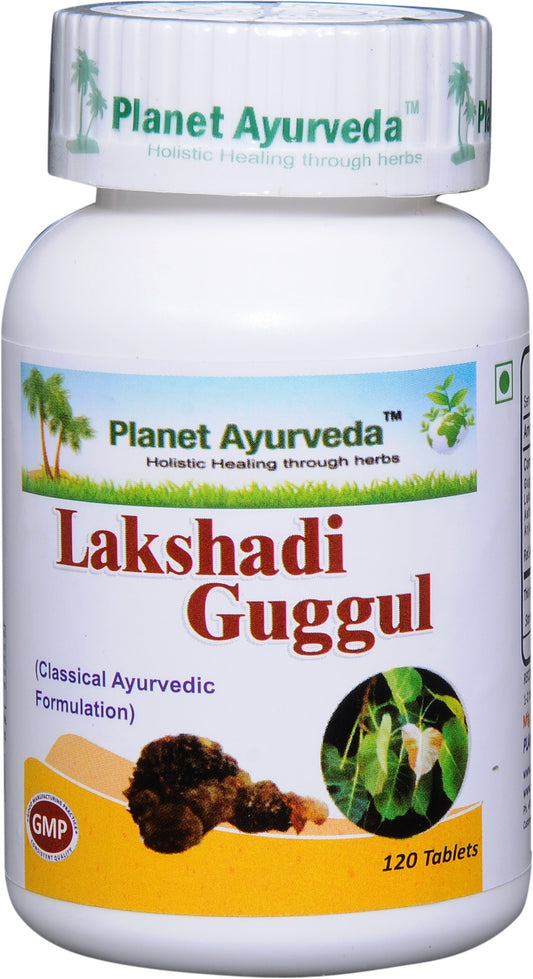 Planet Ayurveda Lakshadi Guggul bottle side showing packaging for ongoing wellness