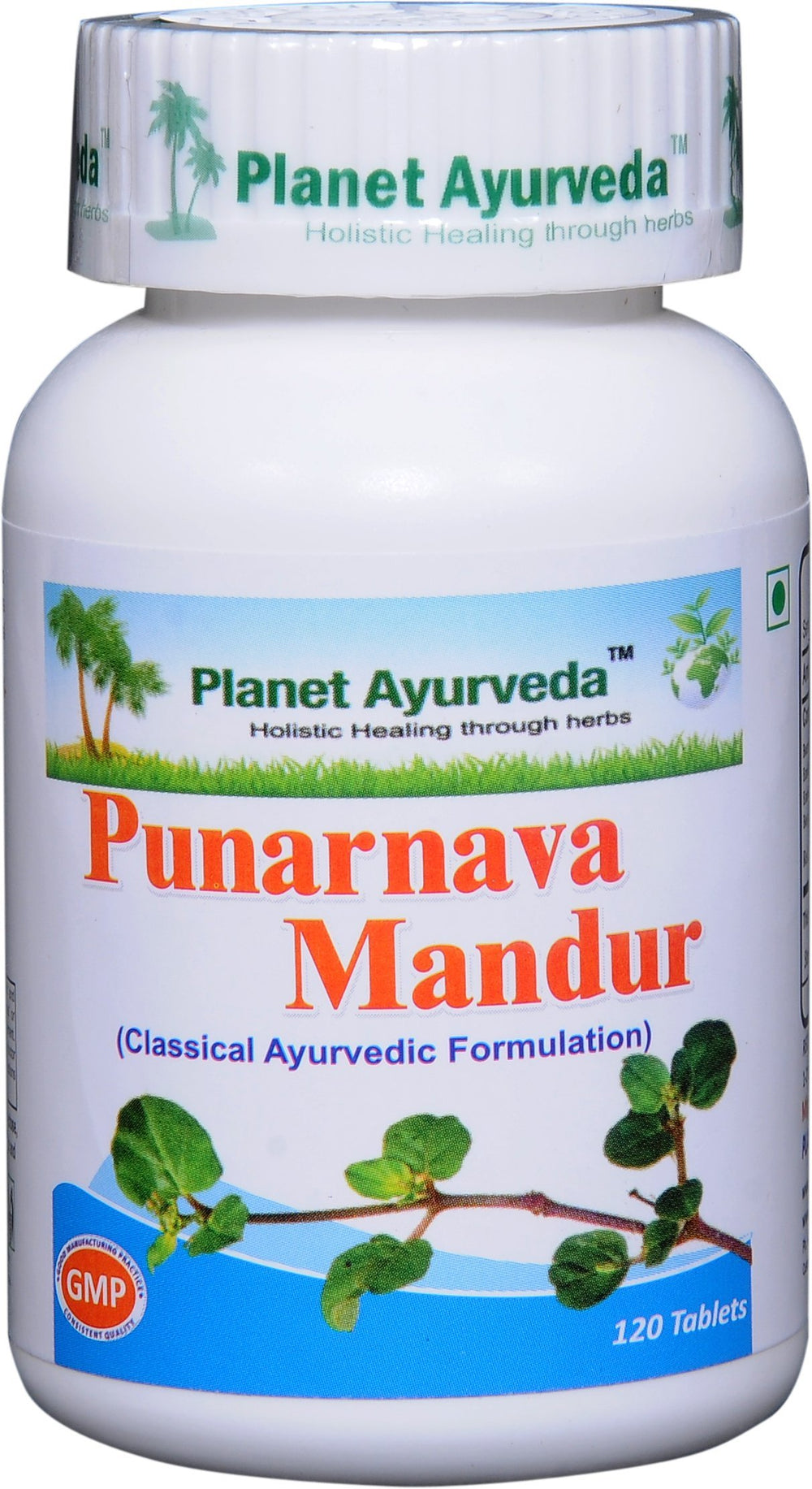Planet Ayurveda Punarnava Mandur tablets close-up highlighting herbal blend for daily wellness.