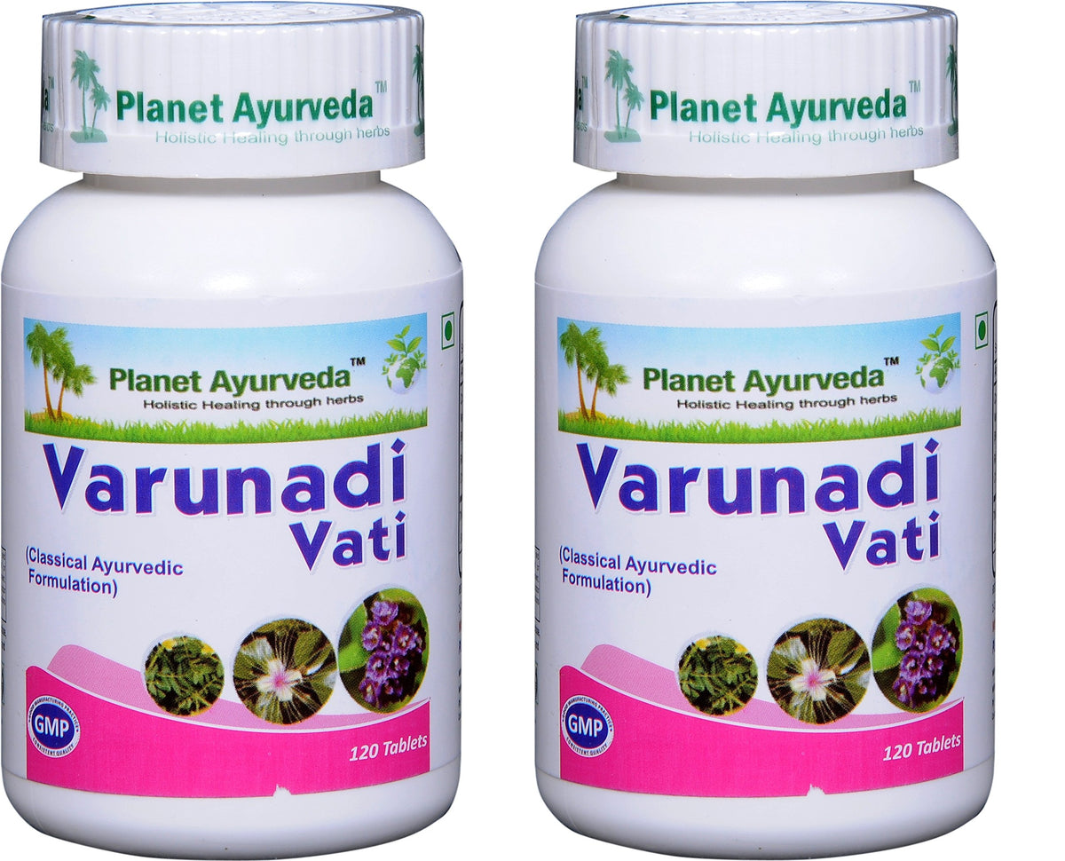 Planet Ayurveda Varunadi Vati bottle front view for urinary support.