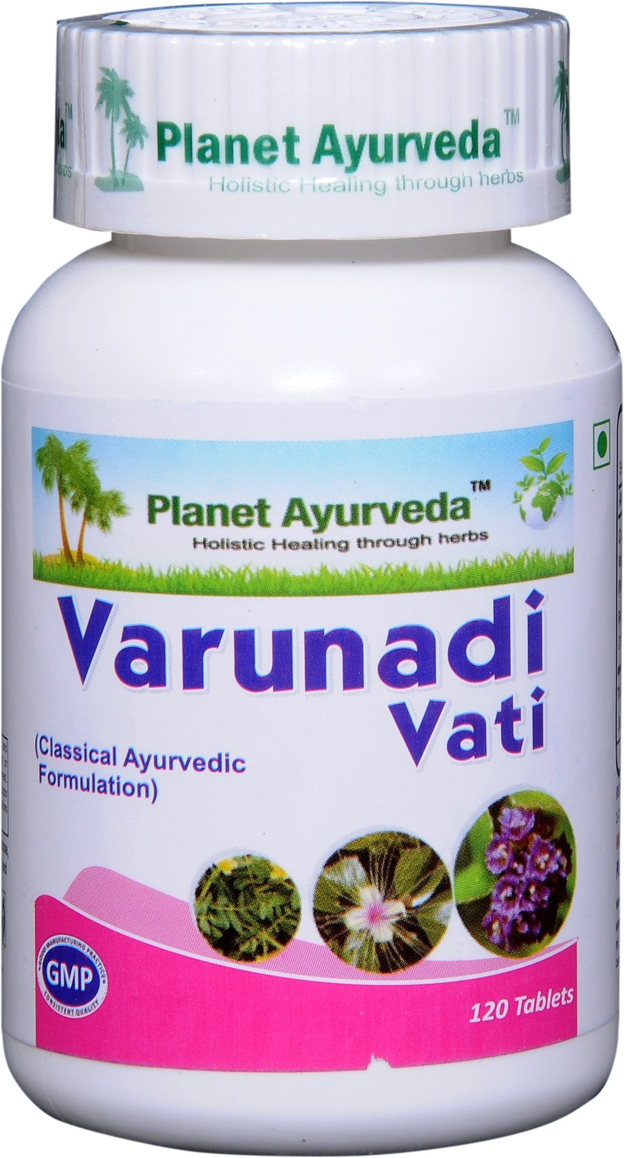 Planet Ayurveda Varunadi Vati bottle label showing pure herbal blend for urinary support.