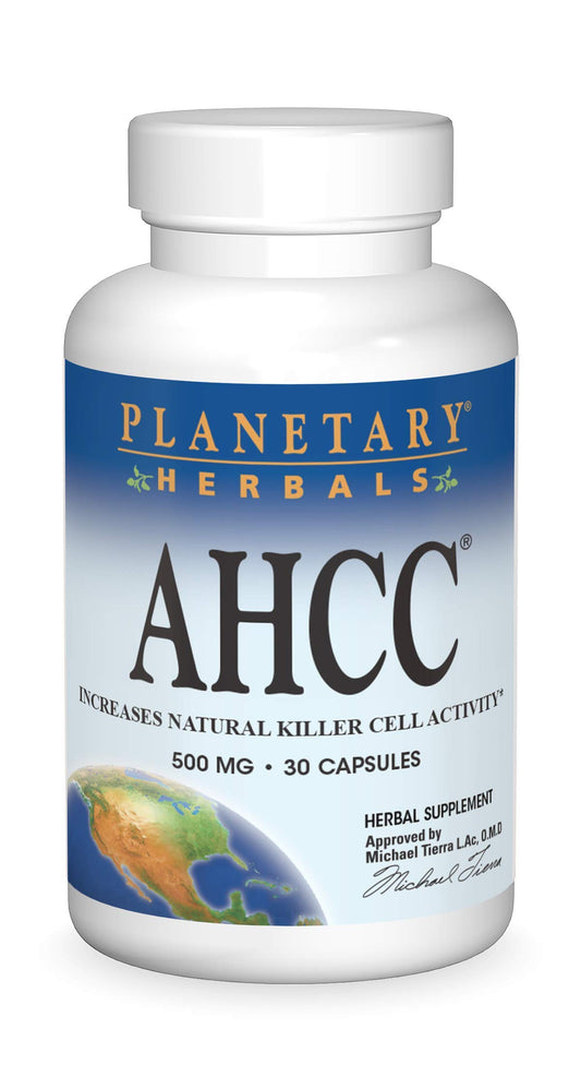 Planetary Herbals AHCC bottle with capsules highlighting immune support possibilities
