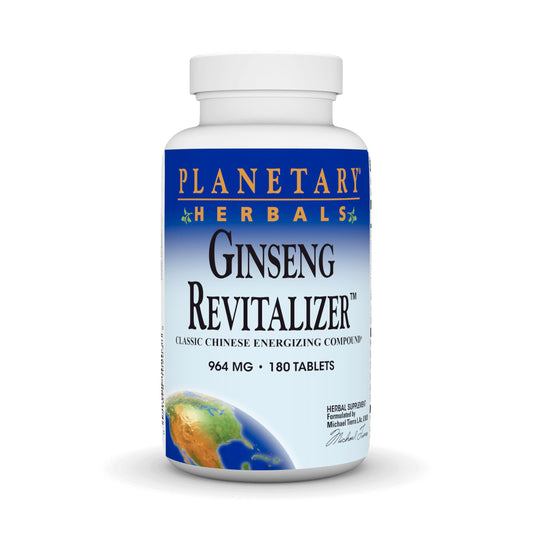 Planetary Herbals Ginseng Revitalizer tablets beside bottle, suggesting convenient daily energy support.