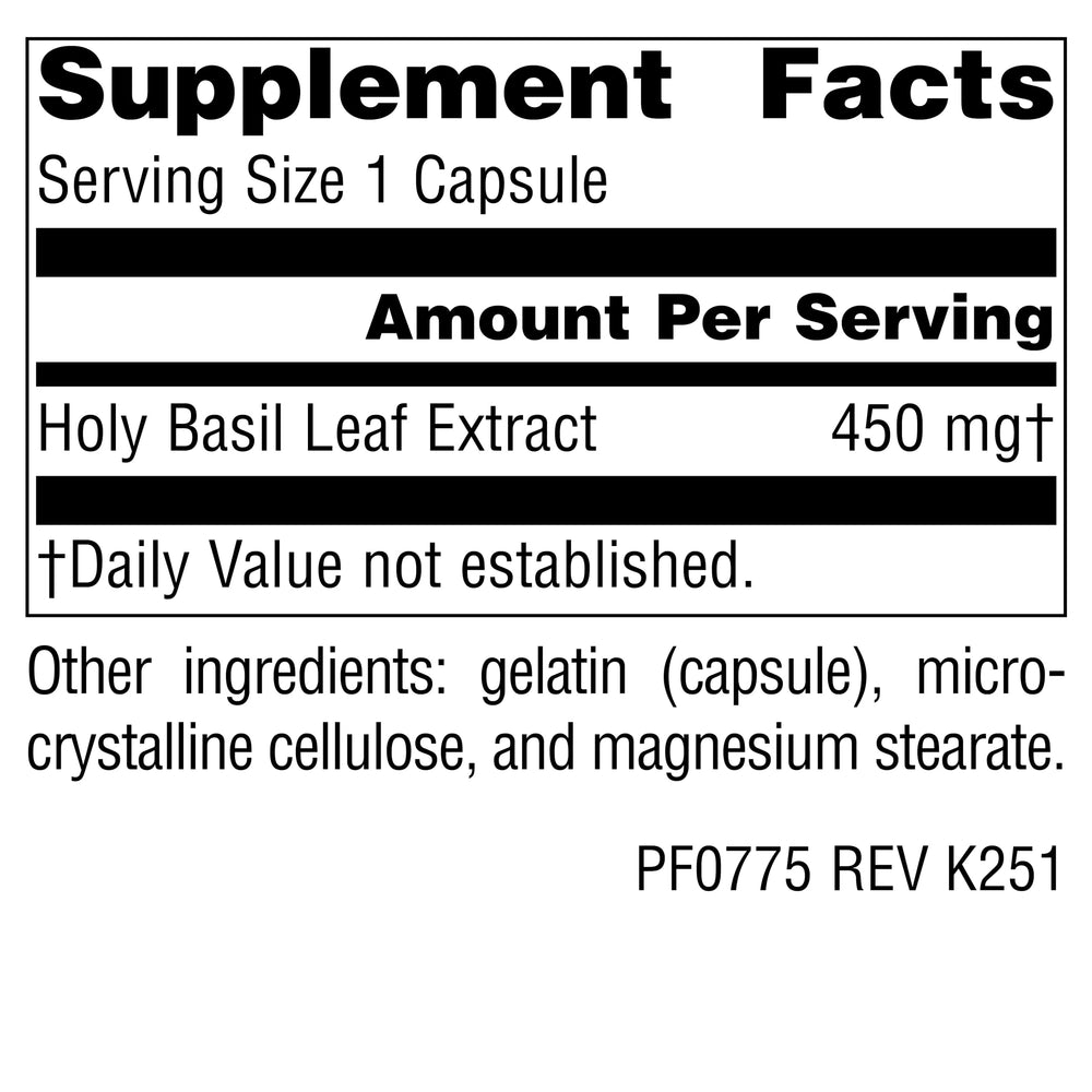 Close-up of Holy Basil capsules highlighting 450 mg potency.