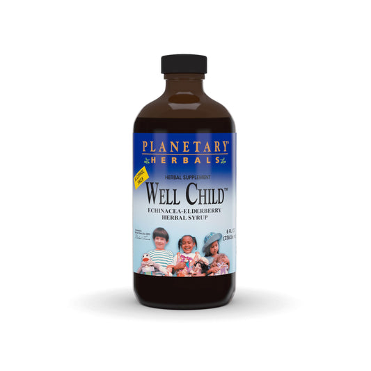 Planetary Herbals Well Child syrup bottle shows kid-friendly flavor and herbal blend.