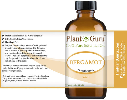 Close-up of Plant Guru bergamot bottle label highlighting quality and purity.