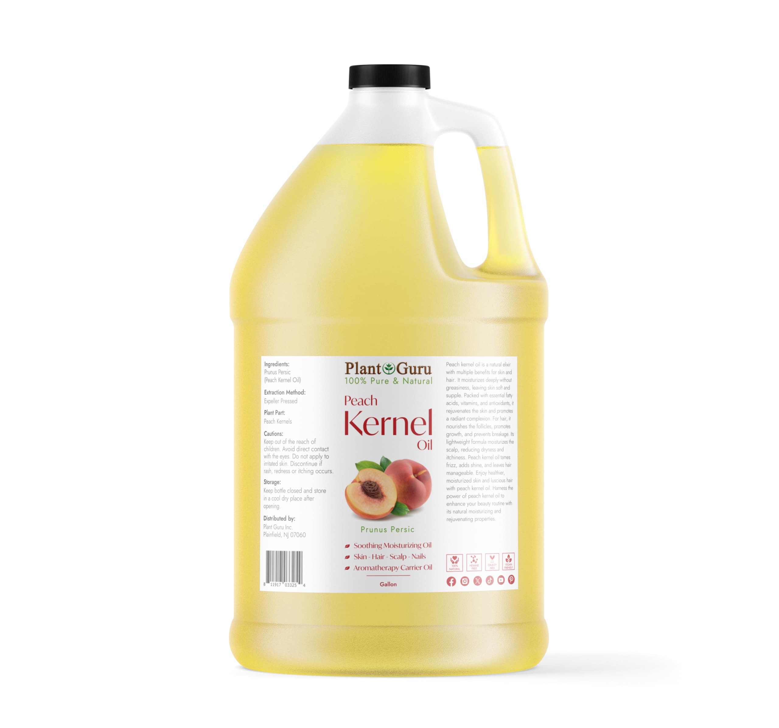 Plant Guru Peach Kernel Oil gallon bottle shown for skin nourishment