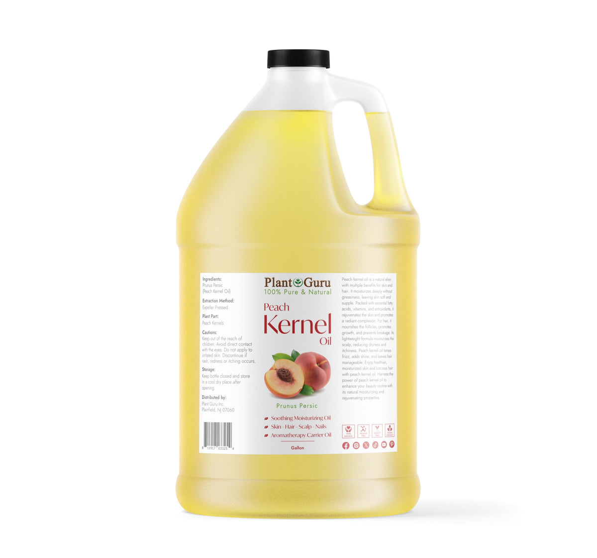 Plant Guru Peach Kernel Oil gallon bottle shown for skin nourishment