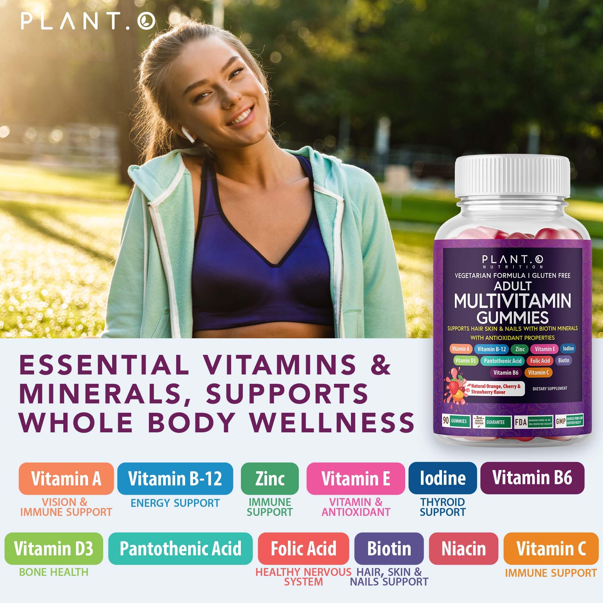PLANT.O NUTRITION gummies in fruit flavors highlighting tasty daily vitamins