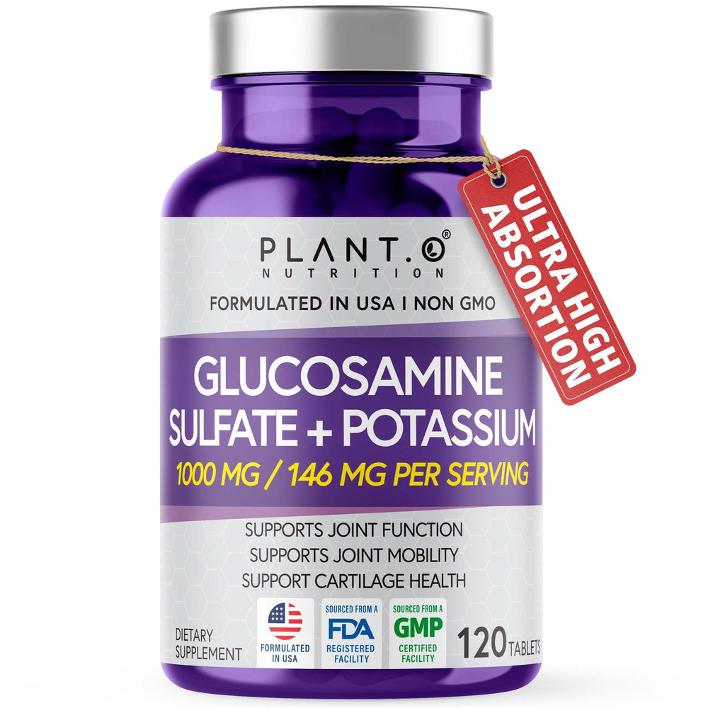 PLANT.O NUTRITION glucosamine bottle with potassium supports joint comfort.