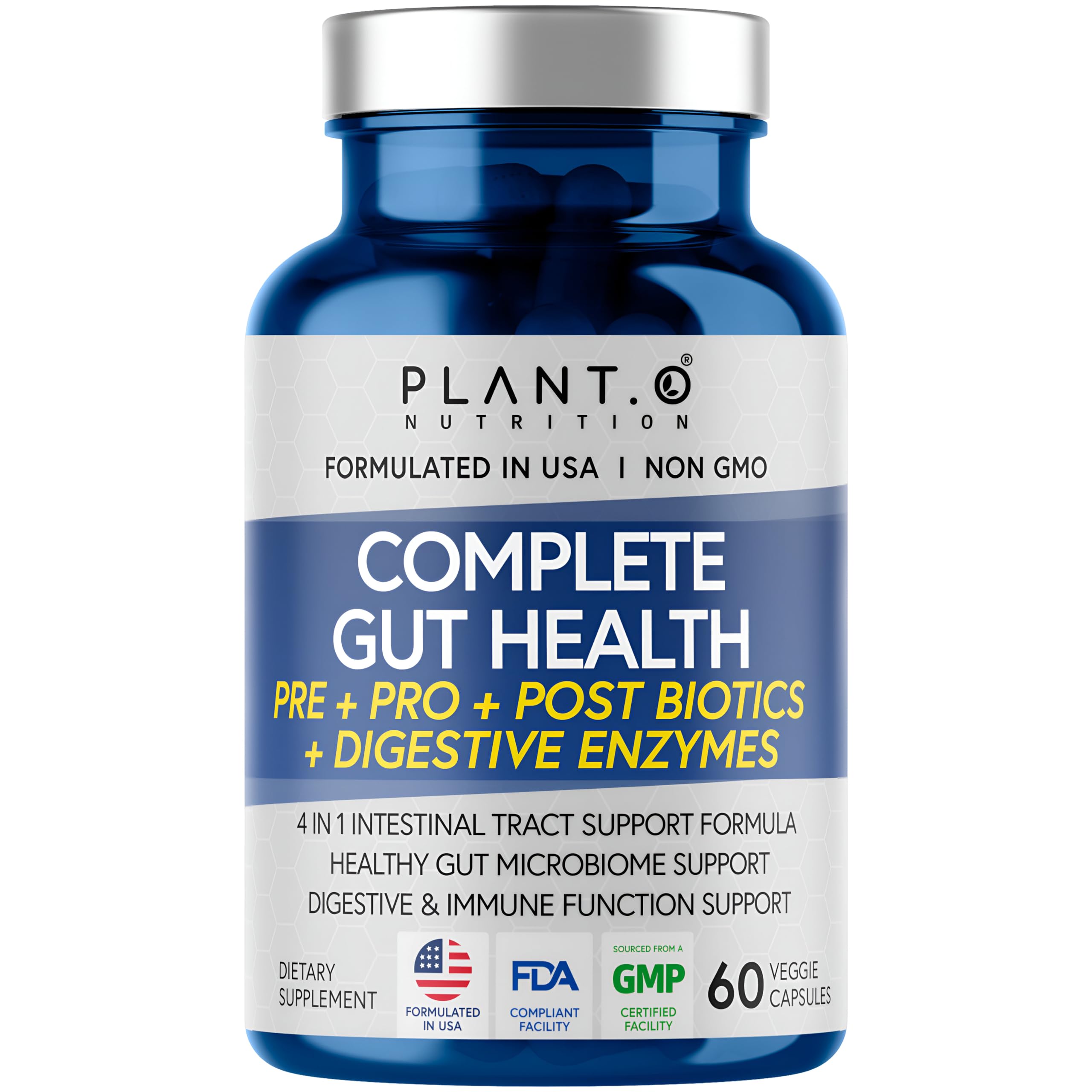 PLANT.O NUTRITION Gut Complex bottle front demonstrates daily gut support and brand visibility
