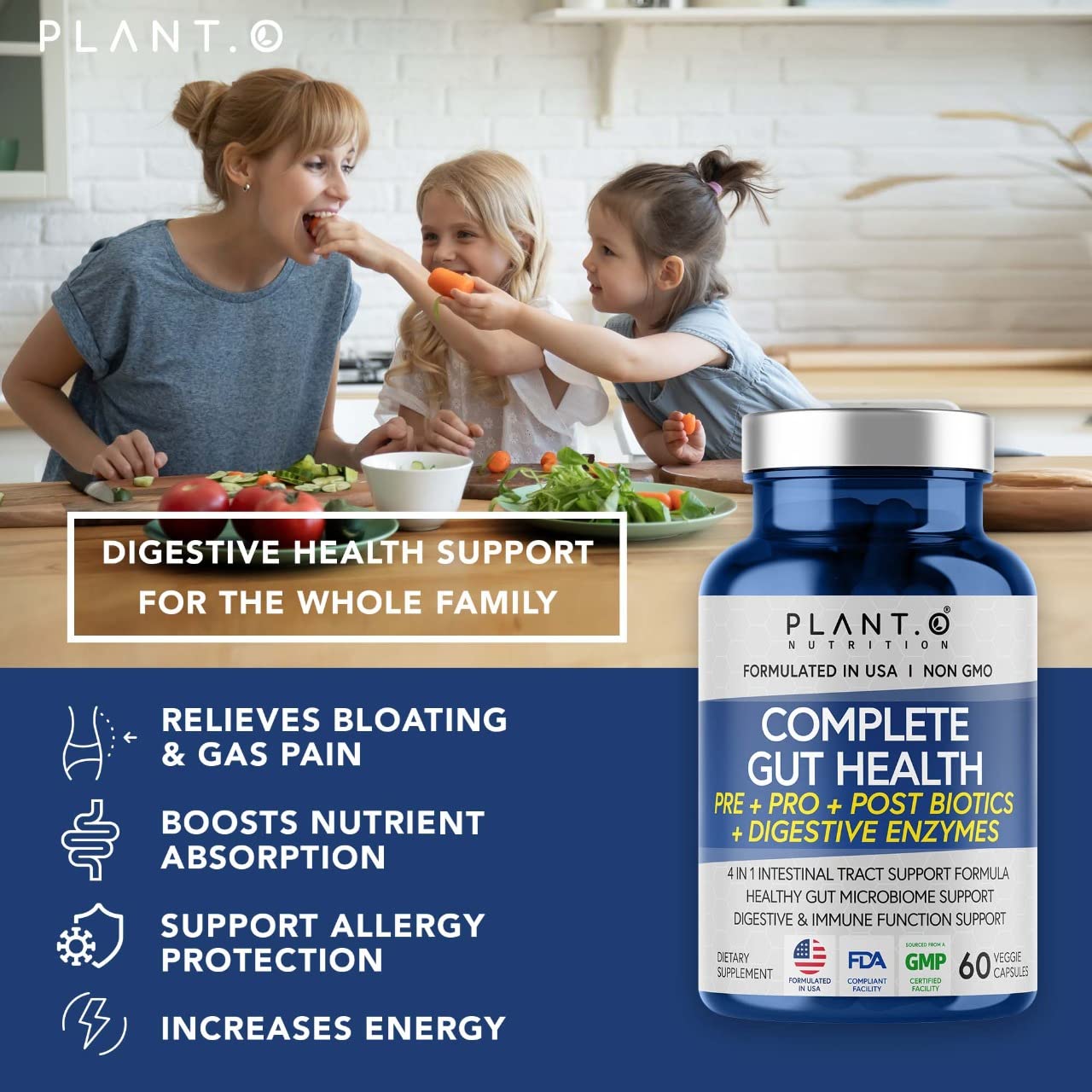PLANT.O NUTRITION Gut Complex ingredients blend highlights prebiotics, probiotics, and postbiotics