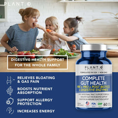 PLANT.O NUTRITION Gut Complex ingredients blend highlights prebiotics, probiotics, and postbiotics