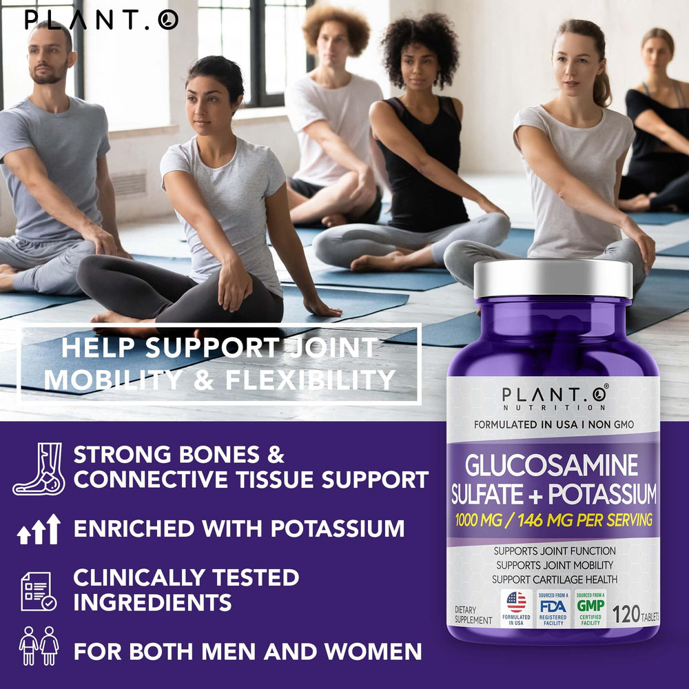 PLANT.O NUTRITION label detail shows 1000 mg glucosamine per serving.