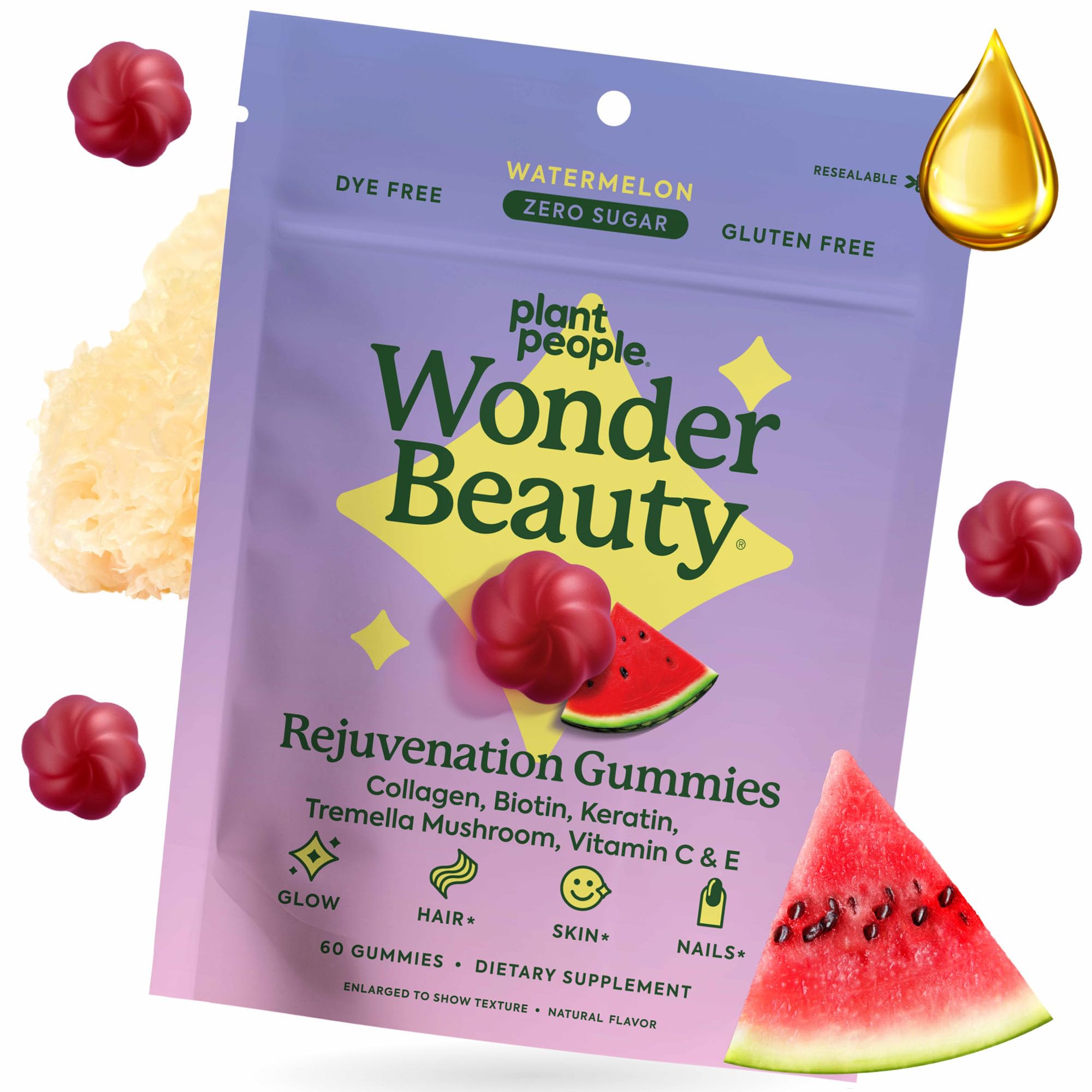 Plant People WonderBeauty watermelon gummies in bottle for hair, skin, and nails.