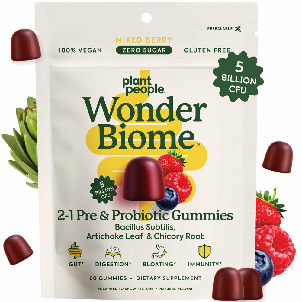 Plant People WonderBiome gummies in a resealable pouch for daily gut support.