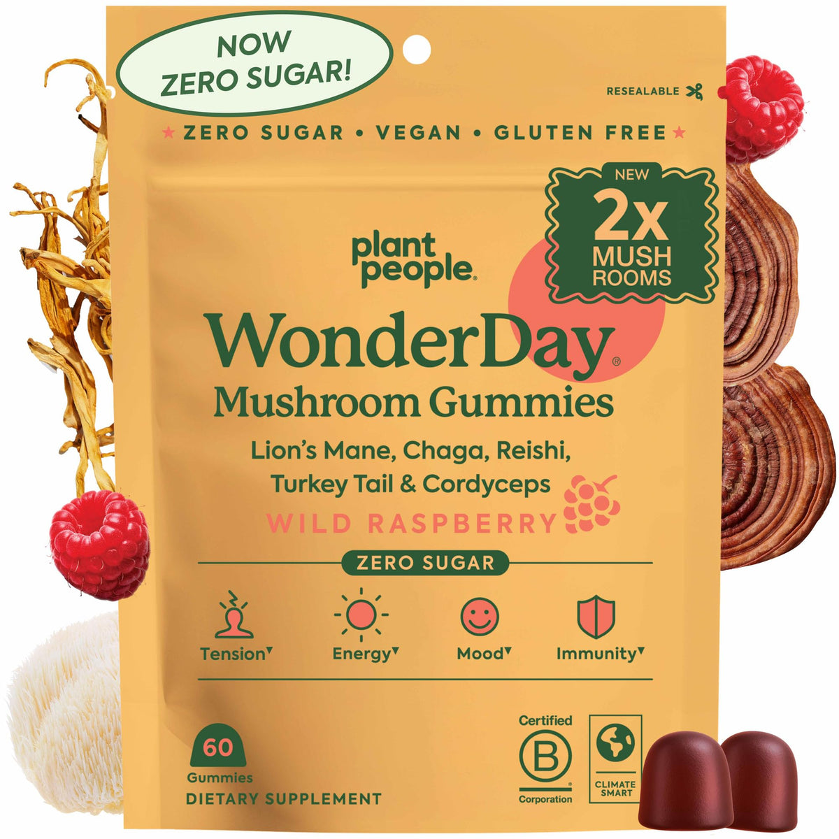 Plant People WonderDay bottle front view shows a potent gummy blend for daily energy and focus.